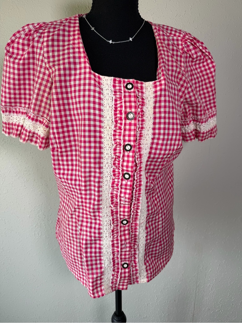 Women’s Pink Gingham Lace-Trim Button Front Top